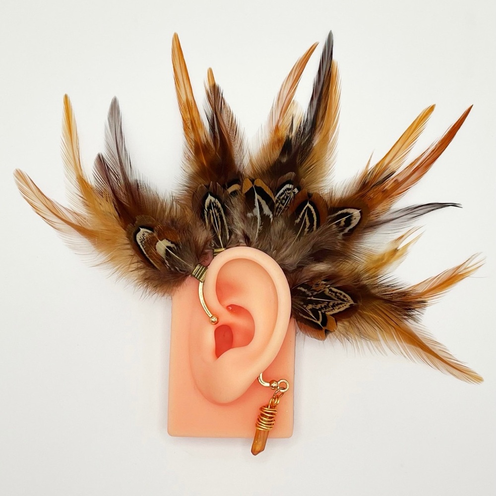Brown Pheasant Feather Ear Cuff - No pierce pierce free earring